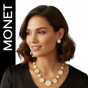 Monet Gold and Cream Earrings & 16”L Disc Necklace